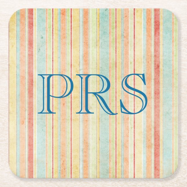 Shabby Stripes Monogram Square Paper Coaster (Front)