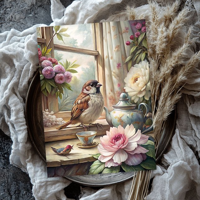 Shabby summer window with sparrow pink peonies tissue paper (Shabby summer window with sparrow pink peonies tissue paper)