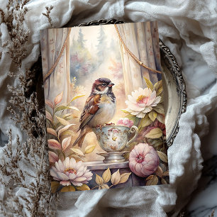 Shabby summer window with sparrow pink peonies tissue paper