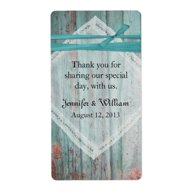 Shabby Turquoise Wood Wedding Mini Wine Label (Front)
