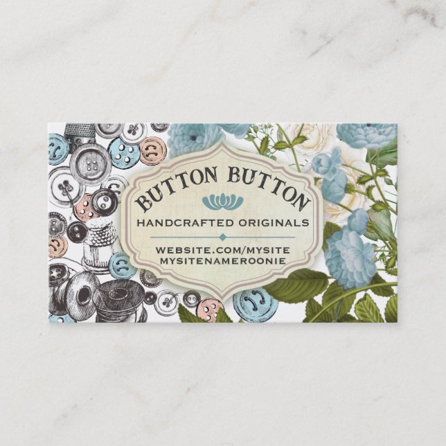 Shabby vintage buttons bobbins sewing notions business card (Front)