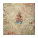 Shabby Vintage Floral Tile<br><div class="desc">Bouquet of flowers and ribbons on a grungy cream damask background with engraved florentine swirls and roses and lightly embossed texture.</div>