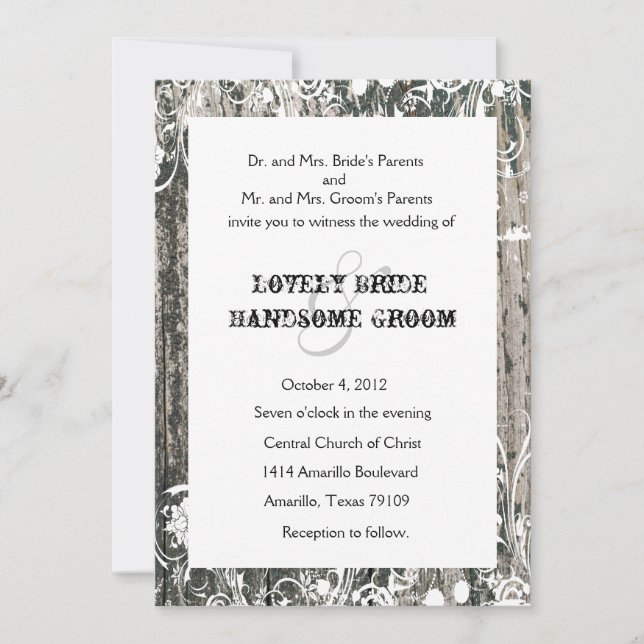 Shabby Vintage Old Wood Cream Wedding Invitations (Front)