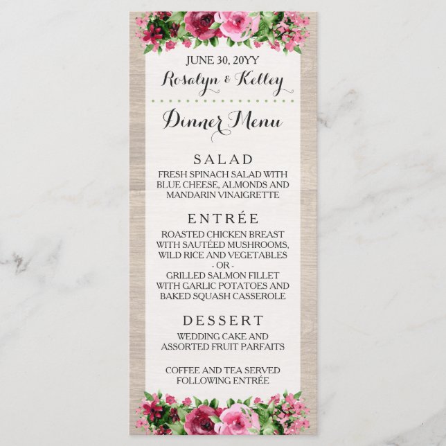 Shabby Vintage Roses Rustic Wedding Dinner Menu (Front)