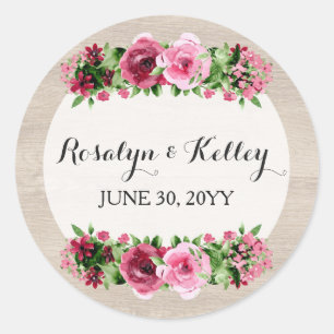 Shabby Vintage Roses Rustic Wood Wedding Custom Classic Round Sticker