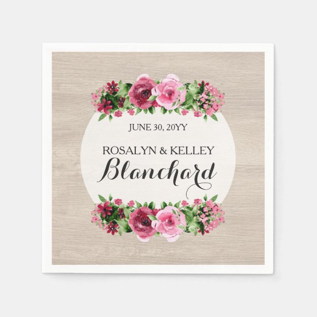 Shabby Vintage Roses Rustic Wood Wedding Custom Napkin (Front)