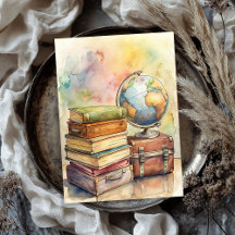 Shabby Watercolor vintage suitcases globe map