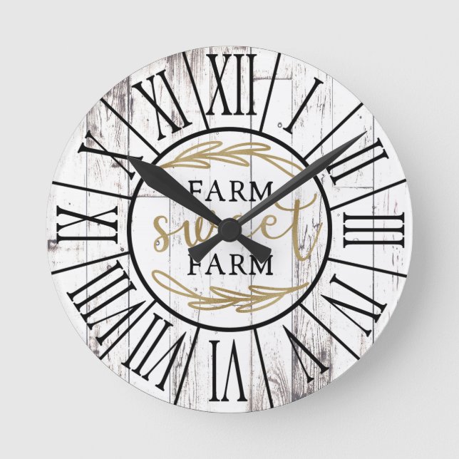Shabby White Wood Country Farmhouse Farm Sweet Round Clock (Front)