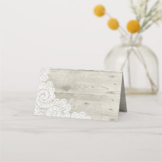 Shabby Wood and Lace Wedding Folded Place Card