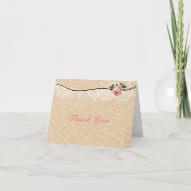 Shabbychic Burlap Pink Floral Lace Thank You (Front)