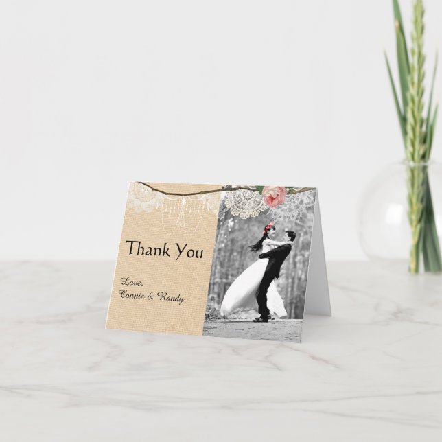Shabbychic Burlap Pink Floral Lace Wedding Thank Thank You Card (Front)
