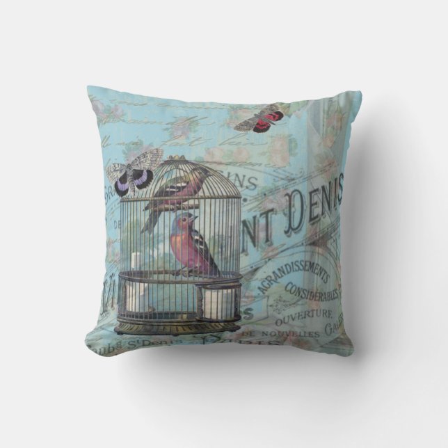 Shabbychic pale blue vintage Paris birds butterfly Cushion (Front)