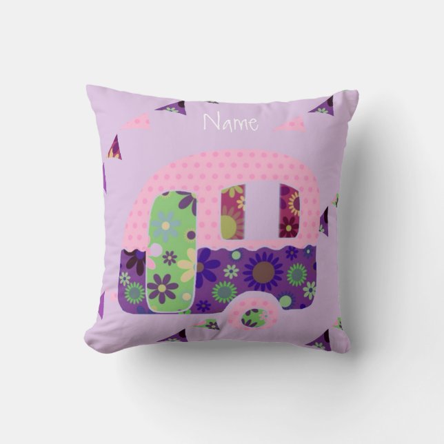 Shabbychic retro trailer, camper, caravan bunting cushion (Front)