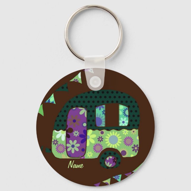 Shabbychic retro trailer, camper, caravan bunting key ring (Front)