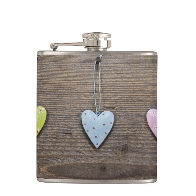 SHABBYCHIC tin hearts wood design Hip Flask (Front)
