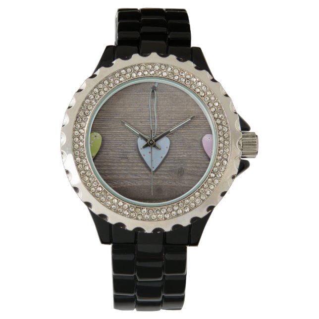 SHABBYCHIC tin hearts wood design Watch (Front)