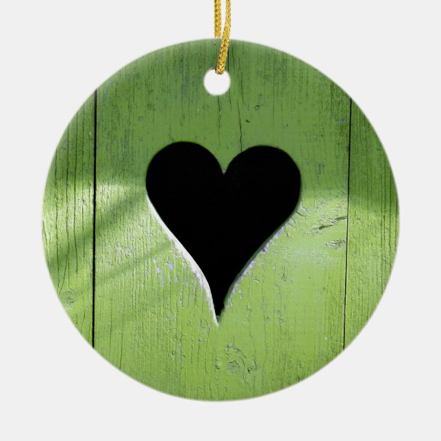 SHABBYCHIC wooden heart green black Ceramic Tree Decoration (Front)