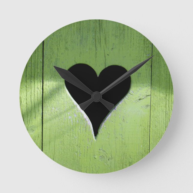 SHABBYCHIC wooden heart green black Round Clock (Front)
