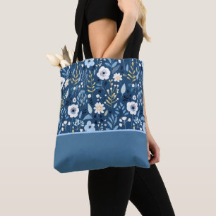 Shade of Blue, White, Yellow Flowers Color Block Tote Bag