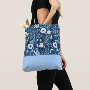 Shade of Blue, White, Yellow Flowers Colour Block Tote Bag