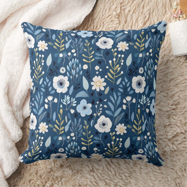 Shade of Blue with White and Yellow Pretty Flowers Cushion (Blanket)