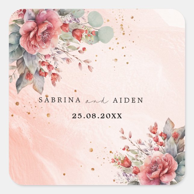 Shade Of Blush Pink Peach Dusty Blue Wedding  Square Sticker (Front)