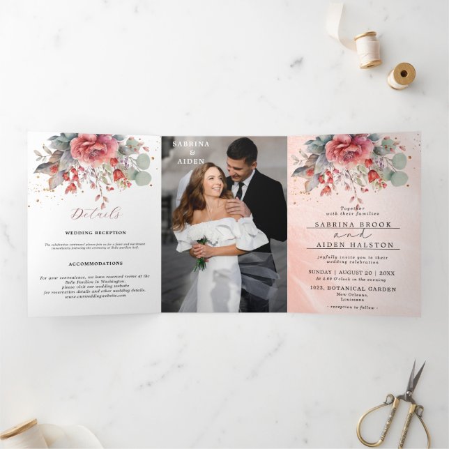Shade Of Blush Pink Peach Dusty Blue Wedding Tri-Fold Announcement (Inside)