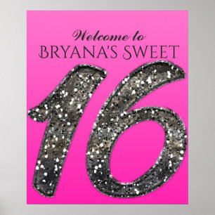 Shade of Pink & Silver Glitter 16 Sixteen Party Poster
