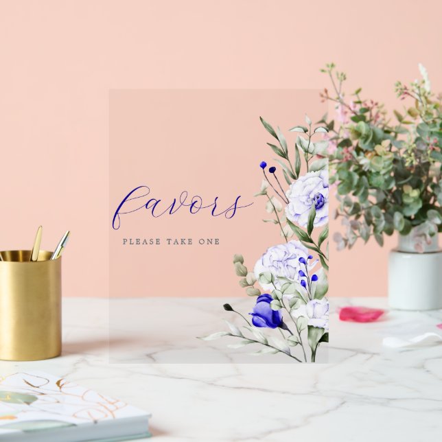 Shade Of Royal Blue Ivory Floral Wedding Favour Acrylic Sign (Wedding)