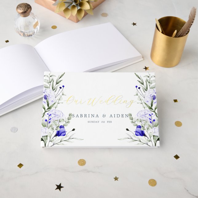 Shade Of Royal Blue Ivory Floral Wedding  Guest Book (Front Open)