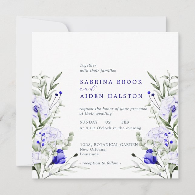 Shade Of Royal Blue Ivory Floral Wedding  Invitation (Front)