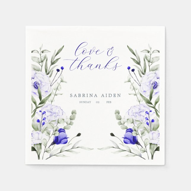 Shade Of Royal Blue Ivory Floral Wedding Napkin (Front)