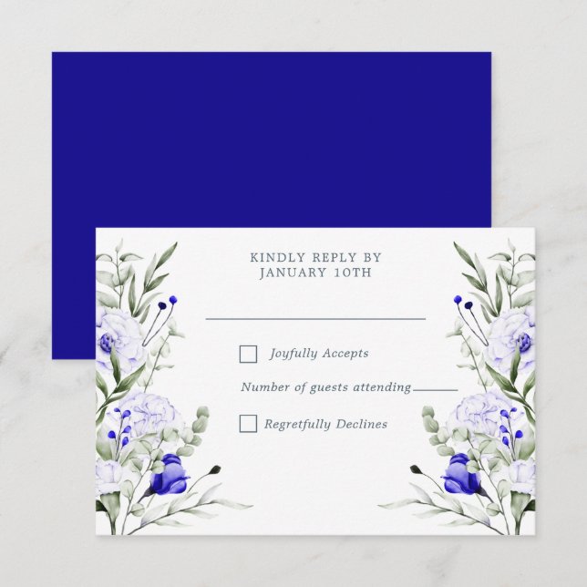 Shade Of Royal Blue Ivory Floral Wedding  RSVP Card (Front/Back)