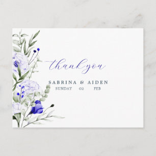 Shade Of Royal Blue Ivory Floral Wedding Thank You Postcard