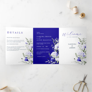 Shade Of Royal Blue Ivory Floral Wedding Tri-Fold Announcement
