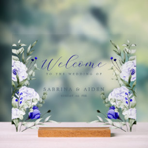 Shade Of Royal Blue Ivory Floral  Wedding Welcome  Acrylic Sign
