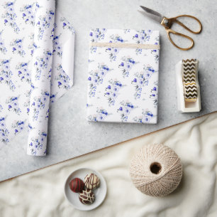 Shade Of Royal Blue Ivory Floral Wedding  Wrapping Paper