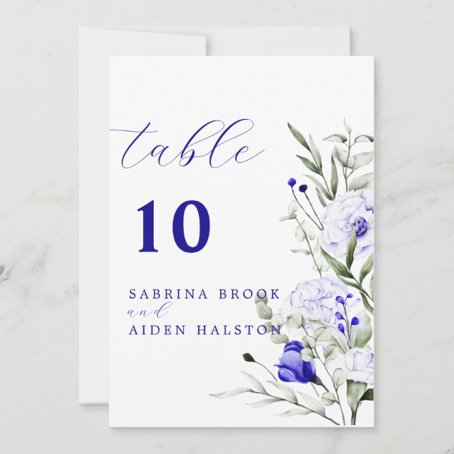 Shade Of Royal Blue Ivory Wedding Table Number (Front)