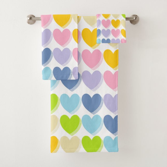 Shaded Pastel Rainbow Hearts Bath Towel Set (Insitu)