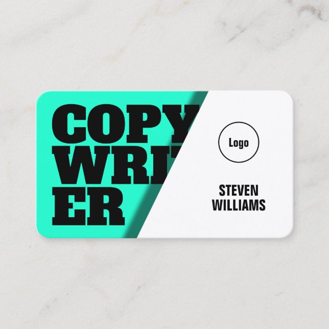 Shaded sheet cover with bold text cyan white business card (Front)