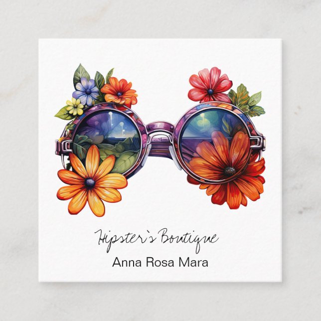 *~* Shades Glasses AP57 Boho QR BoldRetro Flowers Square Business Card (Front)