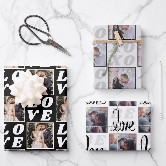 Shades of Black & Grey Christmas Photo 3 Gift Wrapping Paper Sheet (Front)