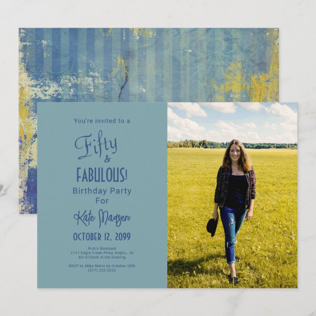 Shades Of Blue 50 & FABULOUS Birthday Party Photo Invitation (Front/Back)