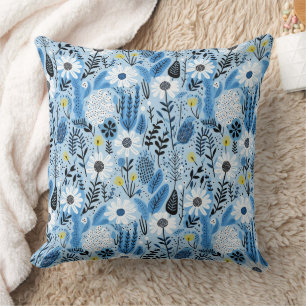 Shades of Blue and White Daisies and Leaves Cushion