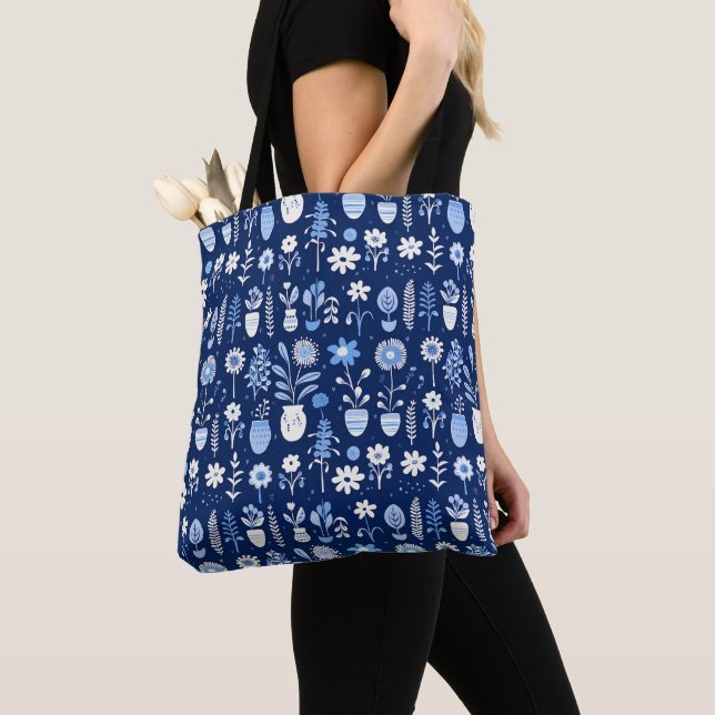 Shades of Blue and White Flowers in Vases Tote Bag (Close Up)