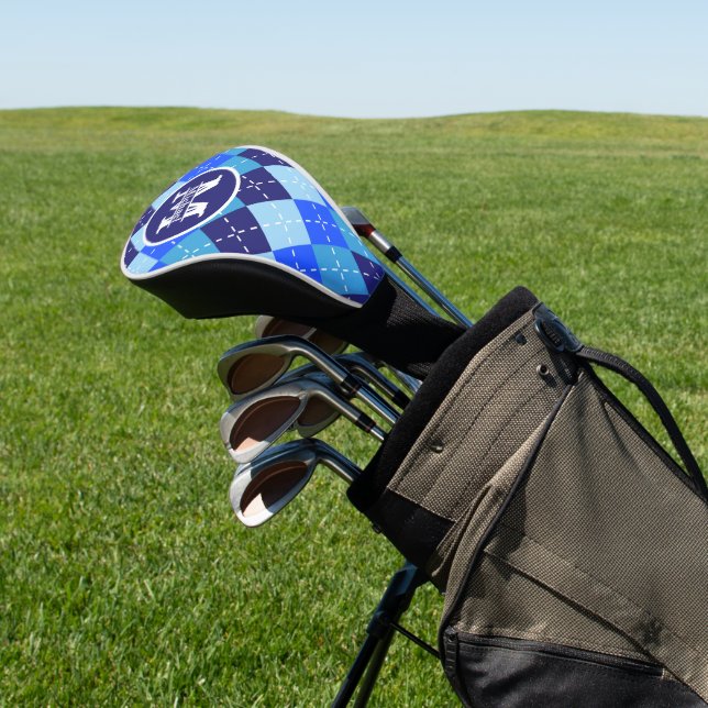 Shades of Blue Argyle Sporty Preppy Personalised Golf Head Cover (In Situ)