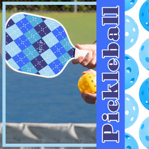 Shades of Blue Argyle Sporty Preppy Pickleball Paddle