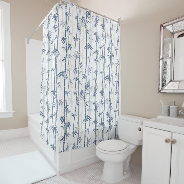 Shades of Blue Bamboo Pattern Shower Curtain (In Situ)