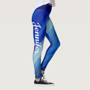 Shades of blue brushstrokes with white name leggings