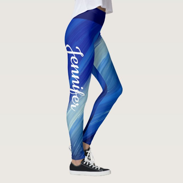Shades of blue brushstrokes with white name leggings (Right)
